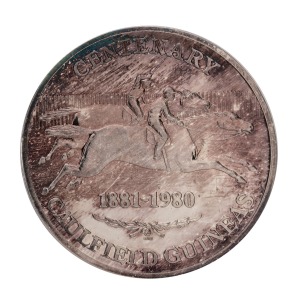 1980 Caulfield Guineas Centenary medallion, 999.8 fine silver, weight approx. 71g, diameter 48cm, "Commissioned by the Australian Jewellers Association to commemorate the 100th. running of the CAULFIELD GUINEAS...".