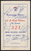 TED WHITTEN: Combined menu/programme from Whitten's August 3rd 1970 testimonial dinner, featuring no fewer than thirty signatures, including those of Ted Whitten, Don Whitten, Jack Collins, Ray Gabelich, and Mike Williamson, among others; dimensions 25 x 