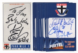 ST KILDA: Group of late 1990s player autographs on official St Kilda autograph cards; signatories include Justin Peckett, Ben Thompson, Max Hudghton, and Peter Everitt. (20 items)
