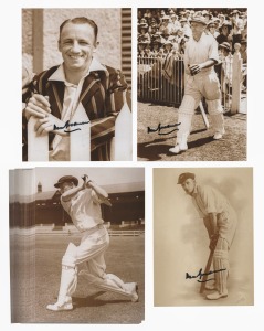 DON BRADMAN: Three modern photograph prints bearing Bradman's signature in permanent marker, including a portrait of him in his striped South Australian team blazer, plus twenty identical photographs (unsigned); the largest 17.5 x 12.5cm. (23 items)