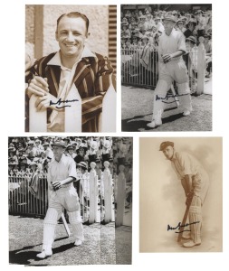 DON BRADMAN: Three modern photograph prints bearing Bradman's signature in permanent marker, including an iconic image of him stepping on to the field at the MCG, plus three identical photographs (unsigned); the largest 17.5 x 12.5cm. (6 items)
