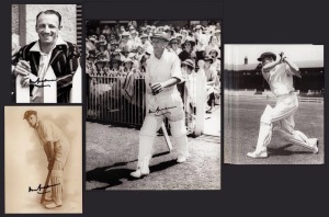 DON BRADMAN: Three modern photograph prints bearing Bradman's signature in permanent marker, including an iconic image of him stepping on to the field at the MCG, plus seven identical photographs (unsigned); the largest 25 x 20cm. (10 items)