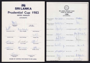 SRI LANKA: 1983 Prudential Cup (United Kingdom) official team sheet with 12 original signatures including Duleep Mendis, Rumesh Ratnayake, Granville de Silva & Ranjan Madugalle; together with 1988 Tour of England official team sheet with 18 original signatures including Ranjan Madugalle, Arjuna Ranatunga, Aravinda de Silva, Roshan Mahanama & Hashan Tillekeratne. (2 items).