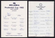 SRI LANKA: 1983 Prudential Cup (United Kingdom) official team sheet with 12 original signatures including Duleep Mendis, Rumesh Ratnayake, Granville de Silva & Ranjan Madugalle; together with 1988 Tour of England official team sheet with 18 original signa