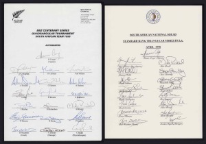 SOUTH AFRICA: An official team sheet for the Feb.1995 BNZ Centenary Series Quadrangular Tournament between NZ, Australia, India & South Africa; with 19 original signatures including Cronje, Cullinan, de Villiers, Donald, Kirsten, Rhodes & Symcox. Together with a SOUTH AFRICAN NATIONAL SQUAD: April 1998 UCBSA official team sheet for the Standard Bank Triangular Series, with 17 original signatures including Hansie Cronje, Gary Kirsten, Jacques Kallis, Daryll Cullinan & Jony Rhodes.