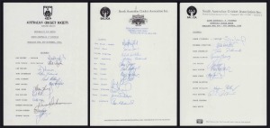 VICTORIA: ACS team sheet for the Nov.1983 McDonald's Cup Match v South Australia at Adelaide, with 12 original signatures including Ray Bright, Mick Taylor, Merv Hughes, Dean Jones, Julian Weiner & Graham Yallop; together with a VICTORIA teamsheet for the Nov-Dec.1986 Sheffield Shield match against South Australia at Adelaide, with 12 original signatures including Ray Bright, Simon Davis, Michael Dimattina, Tony Dodemaide, Merv Hughes, Simon O'Donnell & Dav Whatmore. Also, a third sheet. (3)