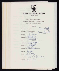 TASMANIA: 1983 - 87: Eight different fully signed team sheets, mainly for Sheffield Shield matches, with a fine (and duplicated) range of autographs including Woolley, Davison, Beven, Boon, Saunders, Small, Bennett, Bradshaw, Buckingham, Milosz, Hughes, Jellich, Tame, Soule, Wellham, Tucker, Cruse and Gilbert. (8 sheets).