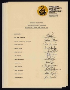 QUEENSLAND: Four official team sheets, all v Western Australia: January 1988 Sheffield Shield (Rob Kerr and Trevor Hohns captain & V.C.; Ian Botham); March 1989 FAI Insurance Cup Semi-Final (Allan Border and Greg Ritchie); February 1990 Sheffield Shield (Greg Ritchie and Rob Kerr); and, January 1991 Sheffield Shield (Trevor Hohns and Craig McDermott); all fully signed. (4 sheets).