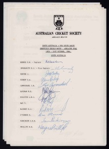 SOUTH AUSTRALIA: 1983 - 1996: Four fully signed official team sheets: November 1983 McDonald's Cup Match v Victoria (with Wright, Inverarity, Darling and Hogg); October 1984 Sheffield Shield Match v NSW (with Hookes, Inverarity, Hilditch and Phillips); January 1990 Sheffield Shield Match v Victoria (with Berry, Bevan, Lehmann and Miller); and, February 1996 Sheffield Shield Match v Victoria (with Siddons, May, Lehmann, Blewett and Gillespie). (4 sheets).
