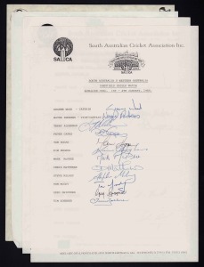 WESTERN AUSTRALIA: Four official team sheets: January 1988 Sheffield Shield Match v South Australia (with Wood, Alderman, Higan, Hughes and Zoehrer); January 1990 Sheffield Shield Match v South Australia (with 5 signatures including Wood, Andrews and Yardley); December 1992 Sheffield Shield Match v Western Australia (incl. Marsh, Martyn, Alderman, Reid, Langer and Veletta); and the 1995/96 Western Warriors Squad (incl. Martyn, Langer, Hogg, Angel, Hussey and Gilchrist). (4 sheets).