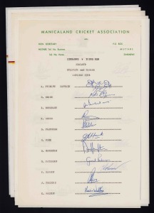 ZIMBABWE: 1983 official team sheet for the Prudential World Cup - England, with 16 signatures incl. Fletcher, Traicos, Houghton, Brown, Butchart & Curran; Dec.1983 official team sheet for the SRI LANKA TOUR, with 15 signatures incl. Traicos, Houghton, Brown, Hick, Dunk & Pycroft; Oct.1984 MANICALAND CRICKET ASSOCIATION letterhead for a Zimbabwe v Young N.Z. match, signed by the team incl. future Test players Pycroft, Houghton, Traicos and Hick; 1985 Tour to England official ZCU team-sheet with.