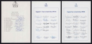 ENGLAND: June 1990 Second Test Match v N.Z. team sheet with Gooch, Lamb, Atherton, Malcolm and Stewart; ENGLAND "A": TCCB Team Sheet for the 1993-94 Tour to South Africa, with original signatures for Morris, Bicknell, Gough, Ilott, Such and Wells; 17 signatures; ENGLAND: 1995/96 official TCCB teamsheet for the England tour to South Africa, with 22 original signatures including Mike Atherton, Andy Stewart, Darren Gough, Devon Malcolm, Robin Smith & Mark Ramprakesh. (3 sheets).