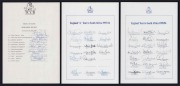 ENGLAND: June 1990 Second Test Match v N.Z. team sheet with Gooch, Lamb, Atherton, Malcolm and Stewart; ENGLAND "A": TCCB Team Sheet for the 1993-94 Tour to South Africa, with original signatures for Morris, Bicknell, Gough, Ilott, Such and Wells; 17 sign