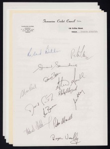 TASMANIA: 1982/83 Sheffield Shield team signatures on T.C.C. letterhead, incl. Boon, Saunders, Butcher & Woolley; the 1985/86 State team signatures on T.C.C.I. letterhead, incl. Boon, Bradshaw, Soule & Cooley; TASMANIA: team signatures on WACA team sheet for McDonald's Cup Semi Final, Feb.1987, v W.A., incl. Boon, Hughes, & Rob Gartrell. [NB: Tasmania won by 4 wickets with 3 balls remaining.]; Official TCA Team Sheet for 17 Feb.1992 match v SOUTH AFRICA, with12 signatures incl. Gilbert, Hughes