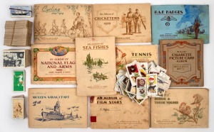 A diverse range in a carton; noted Birds & Their Young, Modern Naval Craft, Sea Fishes, Tennis, R.A.F. Badges, National Flags and Arms, Household Hints, Cycling, Cricketers, Military Uniforms of the British Empire Overseas, The Navy at Work, and others in