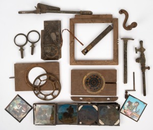 MAGIC LANTERN parts and assorted slides, including hand-coloured examples, (qty). As is condition.