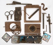 MAGIC LANTERN parts and assorted slides, including hand-coloured examples, (qty). As is condition.