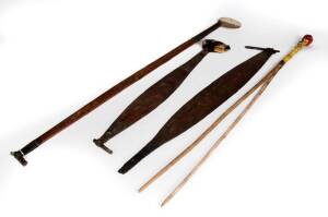 WOOMERAS: Fine group of 3, two with shell hand grips, coastal Queensland & a fire stick. Early to mid 19th century. Varying sizes from 61cm to 97cm