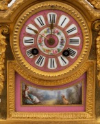 An antique French gilt spelter figural mantle clock with SEVRES French pink porcelain dial and inset panels, eight day time and bell striking movement, resting on original plinth base, 19th century, 40cm high overall. - 3