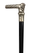 An antique walking stick with silver plated figural handle, ebonised timber shaft and brass ferrule, 19th century, 88cm high.