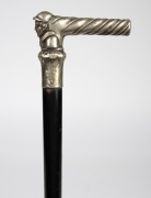 An antique walking stick with silver plated figural handle, ebonised timber shaft and brass ferrule, 19th century, 88cm high. - 3