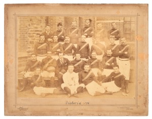 1893 VICTORIAN REPRESENTATIVE TEAM: Team photograph by Terence McGann of 3 Leigh Street, Adelaide; that year's captain, Tom Banks, later captain of Fitzroy's 1895 first ever VFA premiership winning team and son of an escaped African-American slave, can be seen left of centre, football in hand; dimensions 35 x 45cm.
