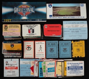 ST KILDA: A collection of more than ninety 1970s-2000s St Kilda membership cards, season tickets, St Kilda Social Club membership cards, AFL membership cards, and others, together with more than seventy game tickets. (qty.)
