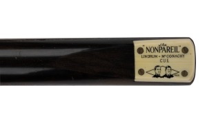 "The Nonpareil Lindrum - McConachy Cue", length 58 inches, engraved ivory plate, c. 1930s.