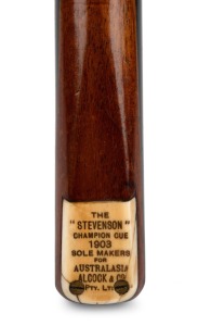 "The (H.W.) Stevenson Champion Cue - 1903 - Sole Makers For Australasia Alcock & Co. Pty. Ltd.", length 58 inches, engraved ivory plate.