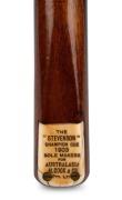 "The (H.W.) Stevenson Champion Cue - 1903 - Sole Makers For Australasia Alcock & Co. Pty. Ltd.", length 58 inches, engraved ivory plate.