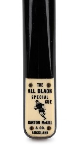 "The All Black Special Cue - Barton McGill & Co. - Auckland", length 60 inches, engraved ivory plate, c. 1960s.