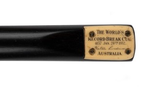 WALTER LINDRUM - CUE: Peradon & Co. 1932 World's Record Break Cue, length 56 inches, ash shaft, ebony butt, ivory plate, issued to commemorate Lindrum's January 20th 1932 break of 4137 against Joe Davis.