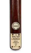WALTER LINDRUM - CUE: "The Walter Lindrum World Champion Cue: Break 4137", c. 1930s, ash shaft, ebony butt, engraved ivory plate, Alec Watson & Mitchell's retailer's inset; length 58 inches.