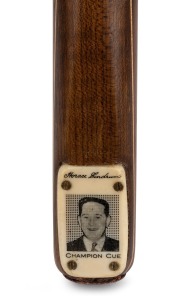 HORACE LINDRUM - CUE: Older portrait-type "Champion" cue made by Peradon, ash shaft, ebony butt, ivory plate, length 57 inches (145cm), c. 1950s.
