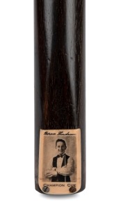 42 · HORACE LINDRUM - CUE: Younger portrait-type "Champion" cue made by Peradon, ash shaft, ebony butt, ivory plate, length 60 inches, c. 1930s.