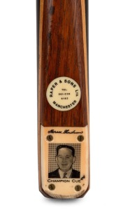 HORACE LINDRUM - CUE: Older portrait-type "Champion" cue made by Peradon, "Raper & Sons Ltd. Manchester" retailer's inset; ash shaft, ebony butt, ivory plate, length 58 inches, c. 1950s.