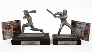 A pair of limited-edition pewter statuettes by Fredric Whitehouse, comprising SIR DONALD BRADMAN "The Cover Drive" [#1606/5000] and VICTOR TRUMPER "Stepping Out to Drive" [#165/1500]; both CoAs present, the taller statuette 18cm.