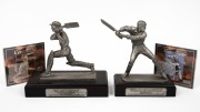 A pair of limited-edition pewter statuettes by Fredric Whitehouse, comprising SIR DONALD BRADMAN "The Cover Drive" [#1606/5000] and VICTOR TRUMPER "Stepping Out to Drive" [#165/1500]; both CoAs present, the taller statuette 18cm.