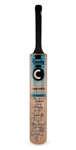 1993/94 AUSTRALIA V SOUTH AFRICA: Full-size "County" cricket bat, with twelve original signatures to the blade including those of Allan Border, Mark Waugh, David Boon, Shane Warne, and Glenn McGrath; length 85cm.