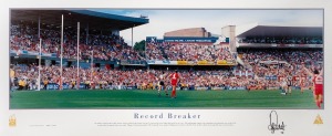 TONY LOCKETT'S 1300th GOAL: "Record Breaker" panoramic limited edition print [#520/1300], signed by Lockett, AFL/ESP CoA present, 40.5 x 96cm.