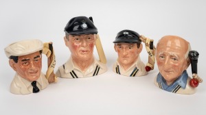 ROYAL DOULTON CHARACTER JUGS: Group of mostly 1990s limited-edition jugs, comprising D6945 Len Hutton, D7018 Brian Johnston, D7068 Harold Dennis "Dickie" Bird, and D739 "The Hampshire Cricketer"; the tallest 13cm. (4 items)