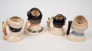 ROYAL DOULTON CHARACTER JUGS: Group of mostly 1990s limited-edition jugs, comprising D6945 Len Hutton, D7018 Brian Johnston, D7068 Harold Dennis "Dickie" Bird, and D739 "The Hampshire Cricketer"; the tallest 13cm. (4 items) - 2
