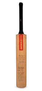 1984-5 WEST INDIES IN AUSTRALIA: A full-size Gray-Nicolls cricket bat bearing 29 signatures (18 West Indies players to the front and 11 Australian players to the back); signatories include Faoud Bacchus, Wayne Daniel, Rodney Hogg, Kim Hughes, Dean Jones, Jeff Dujon, Geoff Lawson, Augustine Logie, Malcolm Marshall, Wayne Phillips, Viv Richards, Steve Smith, and Kepler Wessels; length 84cm.