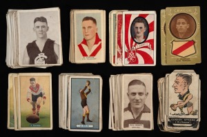 An accumulation of mostly c. 1930s Australian Rules cigarette and trade cards, issued by manufacturers such as Grey's, Hoadley's, Standard, Allen's Steam Rollers, Wills's, and others; some part-sets; mixed condition. (130+ items)