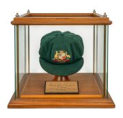 BOB SIMPSON's 1958-59 "BAGGY GREEN" Australian Test Team cap, superb condition, green wool with embroidered Australia coat of arms and series date "1958-59" likewise embroidered to the front panel, "Farmer's Sydney" maker's label to inside crown with "R. 