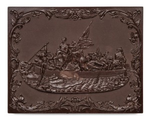 GEORGE WASHINGTON CROSSING THE DELAWARE impressive antique American union case housing a beautiful floral lithographed memorial card, 19th century, 23.5 x 18.5cm overall when closed.