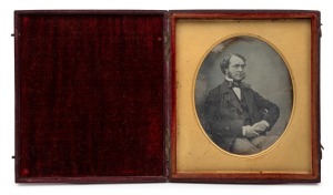 RICHARD BEARD (1801-1885) daguerreotype portrait photograph of an unknown sitter, housed in original leather bi-fold case with gilt embossed details "BEARD'S PHOTOGRAPHIC INSTITUTIONS, 85 King William Street, 34 Parliament St. And The Royal Polytechnic In