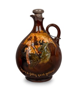 ROYAL DOULTON King's Ware "For He's A Jolly Good Fellow" Dewars Whisky decanter with sterling silver stopper, early 20th century, black factory mark to base, 22cm high.