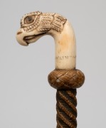 An antique French horse riding crop with finely carved bird's head handle, with decoration and gemstone eyes, engraved with the maker's details (illegible), 19th century, 80cm long. - 3