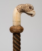 An antique French horse riding crop with finely carved bird's head handle, with decoration and gemstone eyes, engraved with the maker's details (illegible), 19th century, 80cm long. - 4